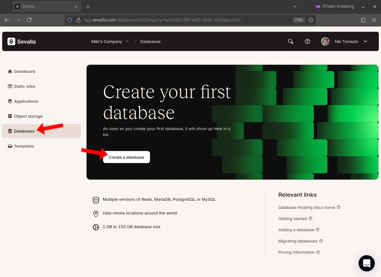 Sevalla Database Create
